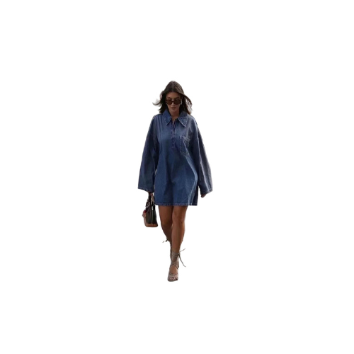Viva Sleek 2024 New Denim Dress for Women Vintage Streetwear Femme Loose Casual Dress with Turn-Down Collar, Zipper, Long Sleeves and Pockets