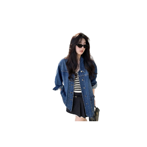 Simple Casual Loose Denim Jacket for Women – Retro Turn-Down Collar, Large Pockets, Long Sleeve Chic Coat