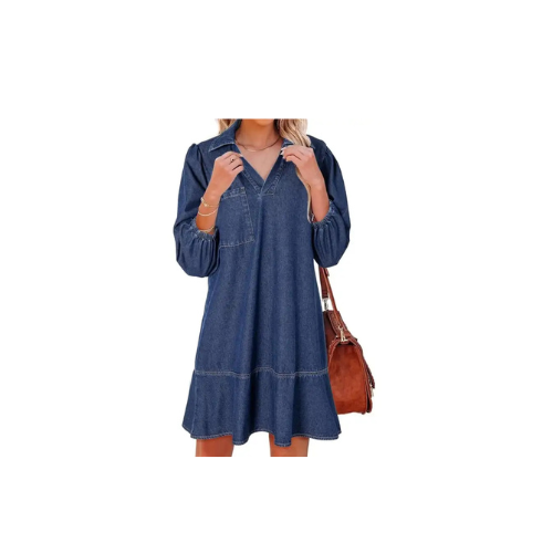 Women Casual Denim Layered Dress Pullover V-Neck Puff 3/4 Sleeve – Loose Fit Daily Comfort Dress