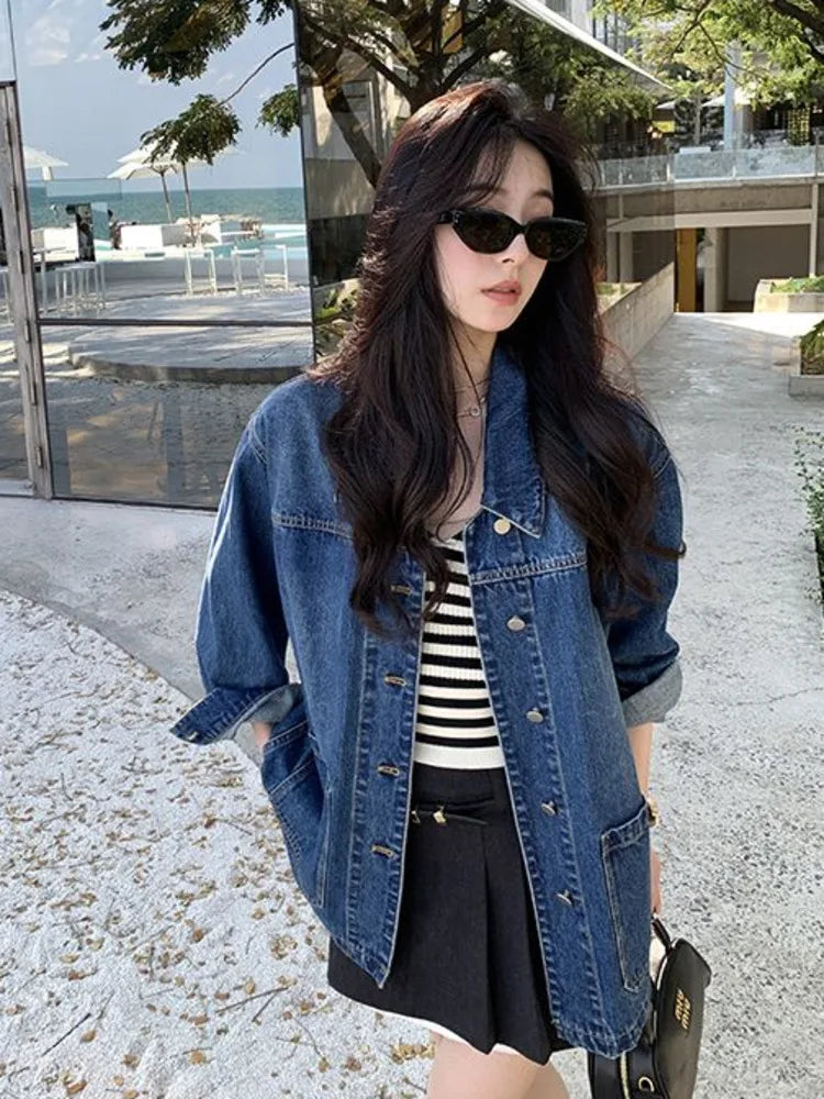 Simple Casual Loose Denim Jacket for Women – Retro Turn-Down Collar, Large Pockets, Long Sleeve Chic Coat