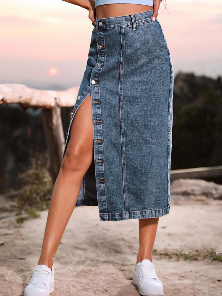 Benuynffy Sexy Streetwear Button Women Skirt – High Waist Denim Elegance
