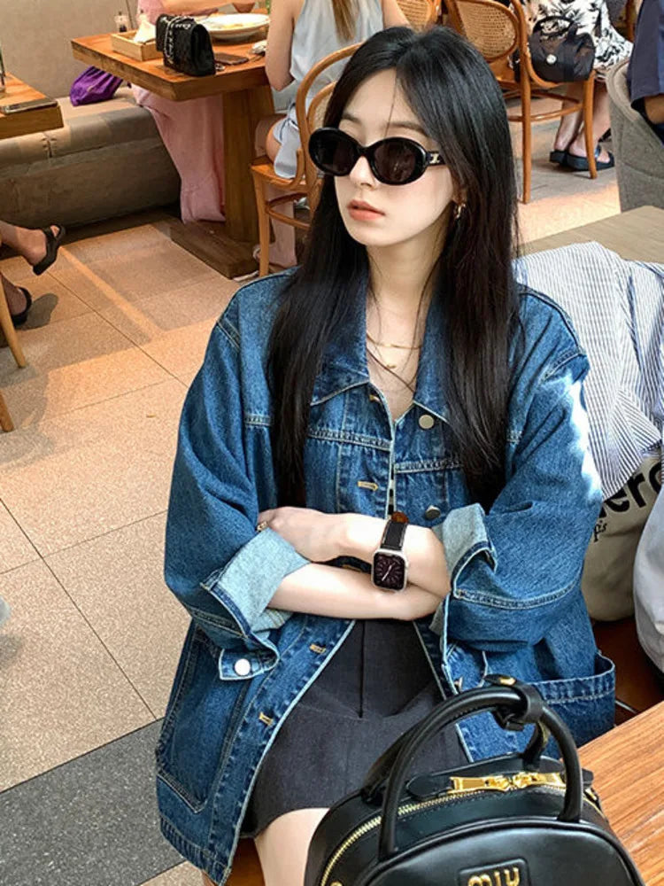 Simple Casual Loose Denim Jacket for Women – Retro Turn-Down Collar, Large Pockets, Long Sleeve Chic Coat
