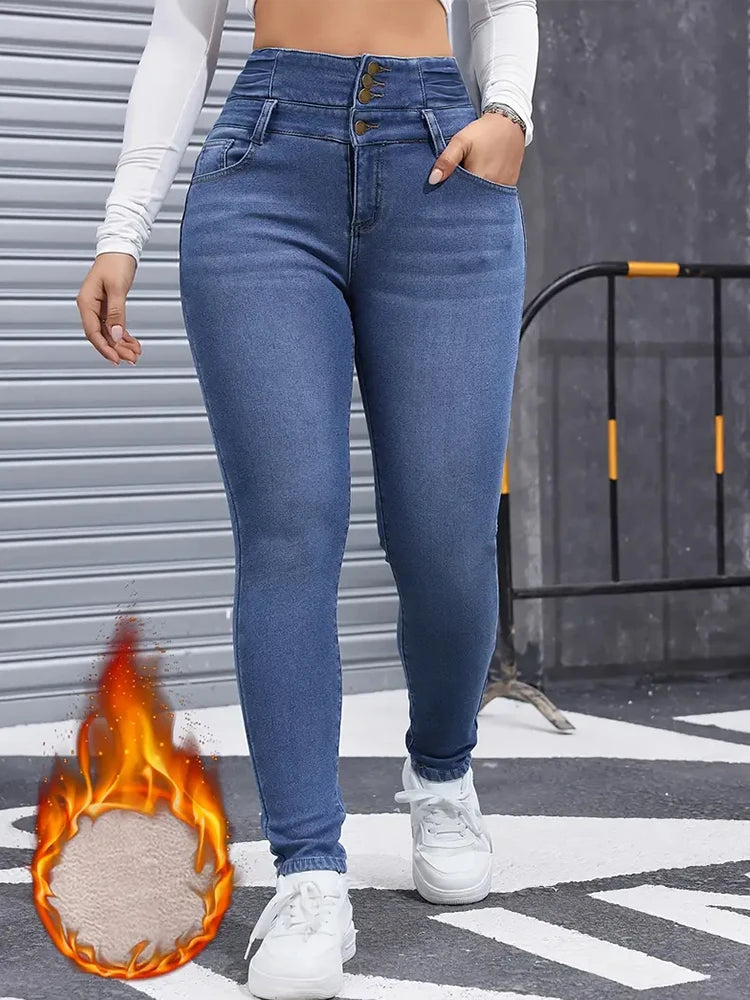 Women Winter Stretch Fleece Slim Fit Skinny Jeans – Warm High Waist Denim Pants