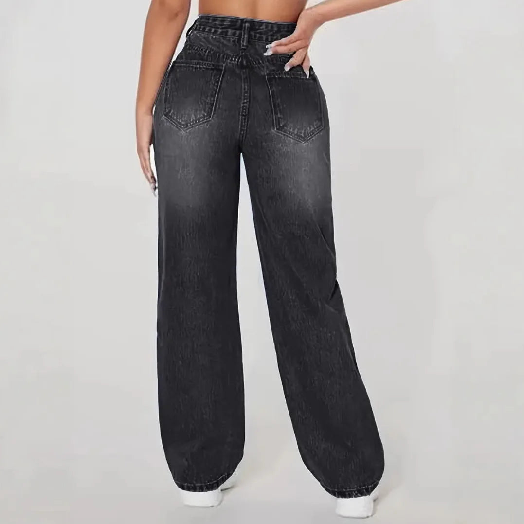 Mom Jeans Women Denim Pants – High Waist Wide Leg Straight Trousers with Hole Splice Design, Y2K Streetwear Casual 2025 Fashion