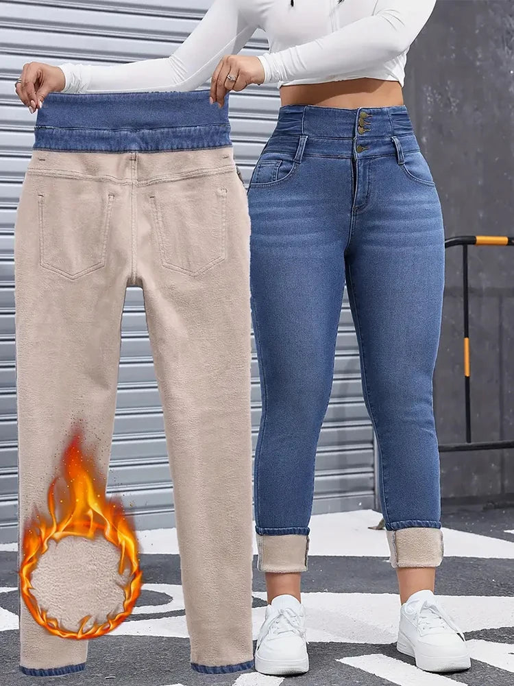 Women Winter Stretch Fleece Slim Fit Skinny Jeans – Warm High Waist Denim Pants