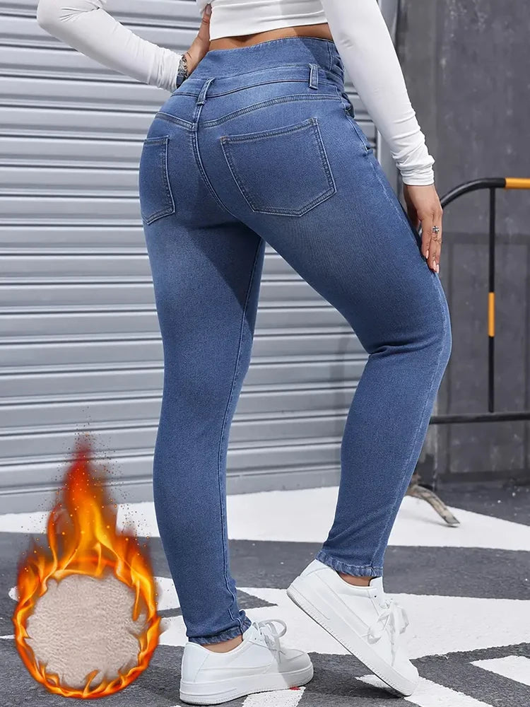 Women Winter Stretch Fleece Slim Fit Skinny Jeans – Warm High Waist Denim Pants