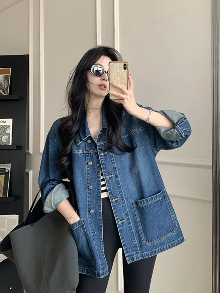 Simple Casual Loose Denim Jacket for Women – Retro Turn-Down Collar, Large Pockets, Long Sleeve Chic Coat