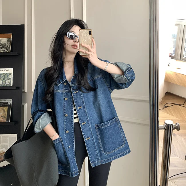 Simple Casual Loose Denim Jacket for Women – Retro Turn-Down Collar, Large Pockets, Long Sleeve Chic Coat