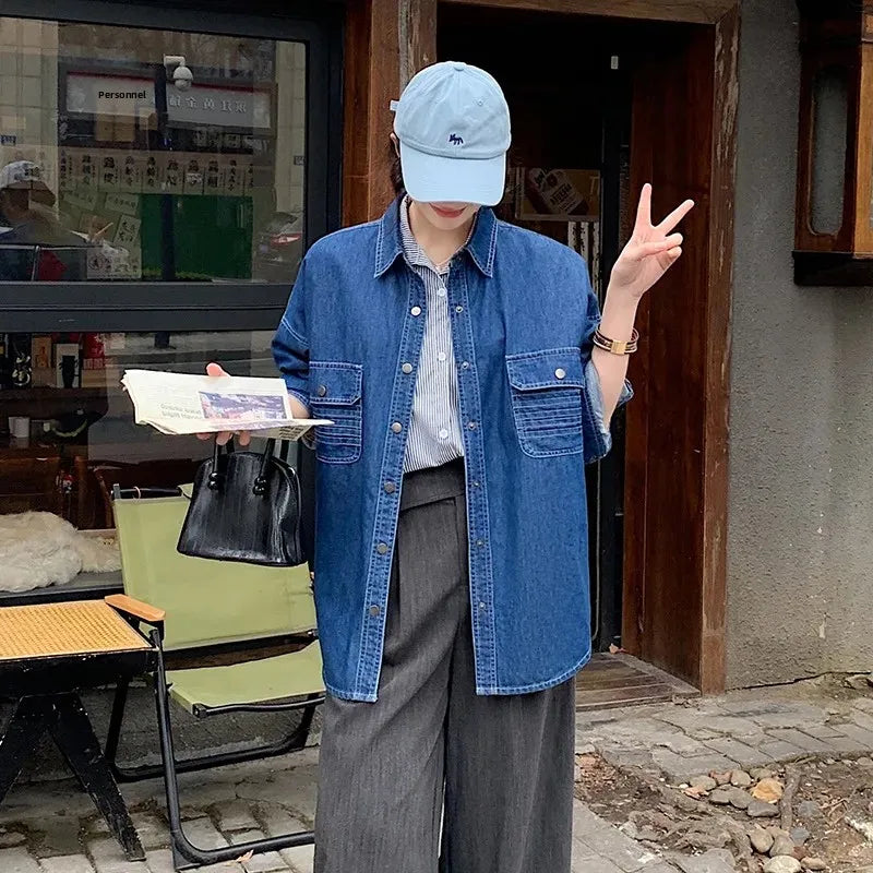 Blue Denim Shirt Jacket Women's Loose Versatile Spring Autumn – Korean Style Trendy Top