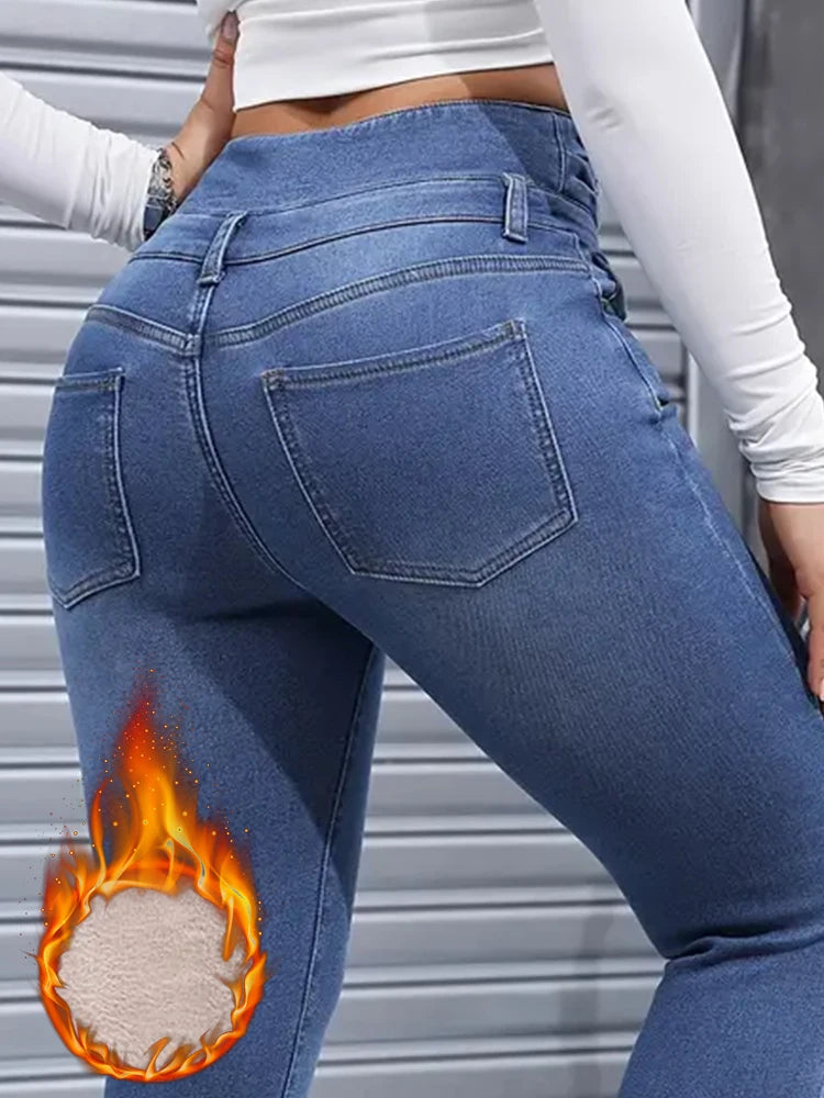 Women Winter Stretch Fleece Slim Fit Skinny Jeans – Warm High Waist Denim Pants
