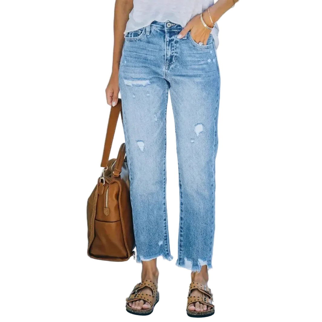 Viva Sleek 2025 Women’s Straight Leg Jeans with Hole Details and Button Decoration – Trendy Casual Denim Pants