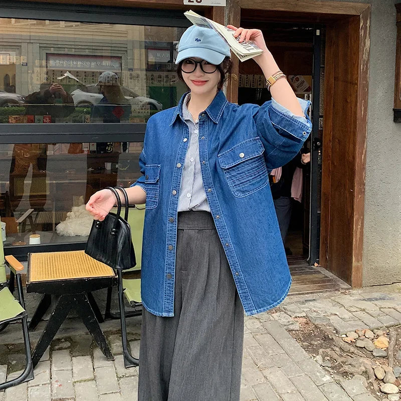Blue Denim Shirt Jacket Women's Loose Versatile Spring Autumn – Korean Style Trendy Top