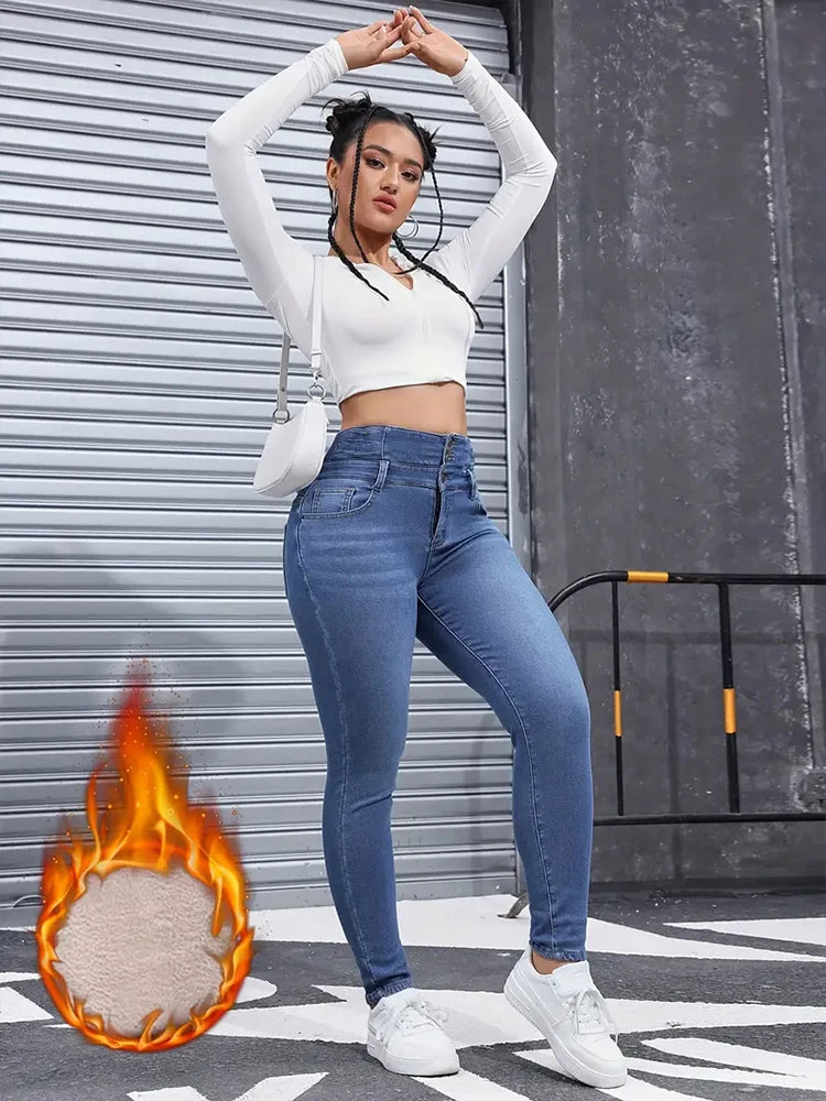 Women Winter Stretch Fleece Slim Fit Skinny Jeans – Warm High Waist Denim Pants