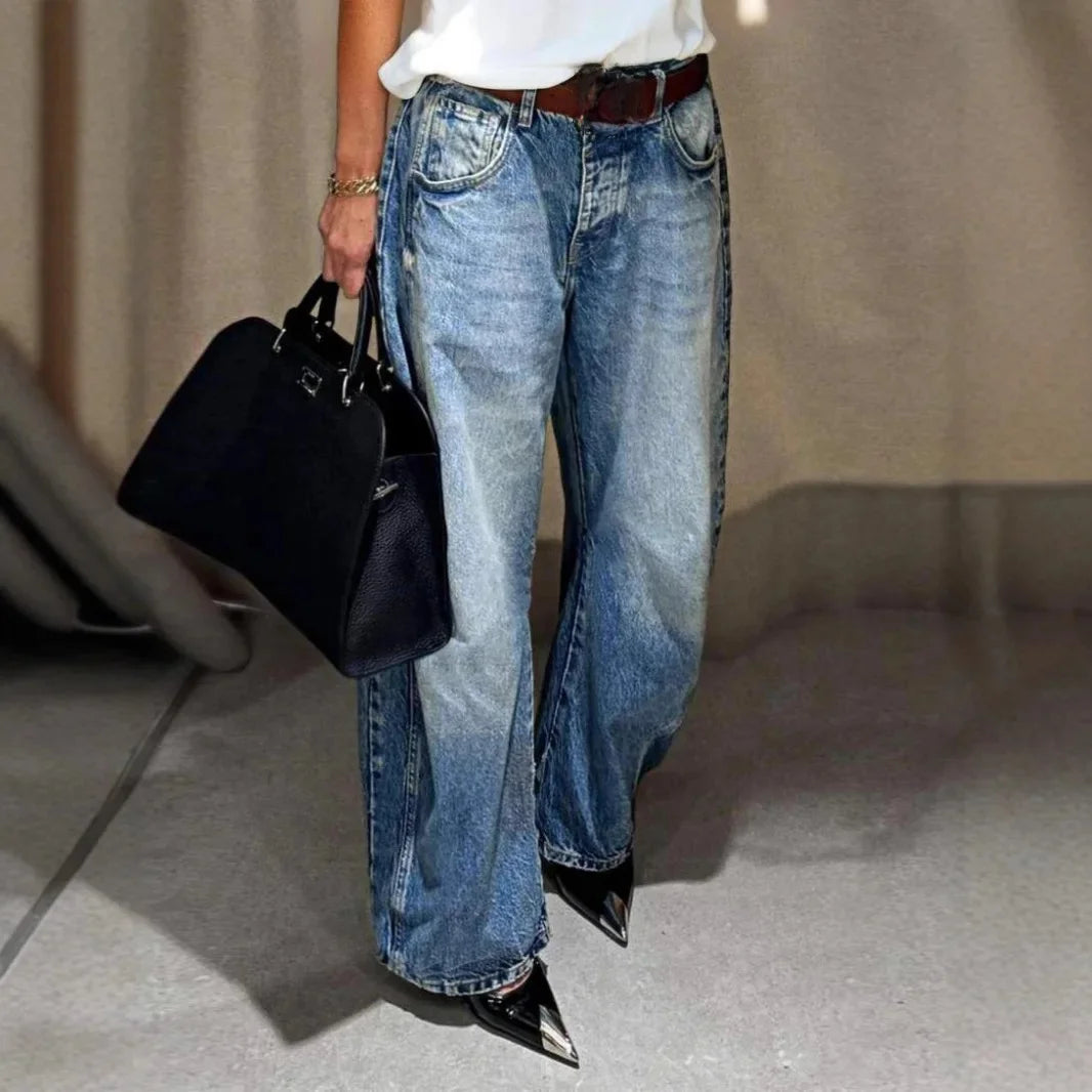 New 2025 Women's Fashionable High Waist Wide Leg Jeans – Casual Washed Denim, Elastic and Comfortable Fit