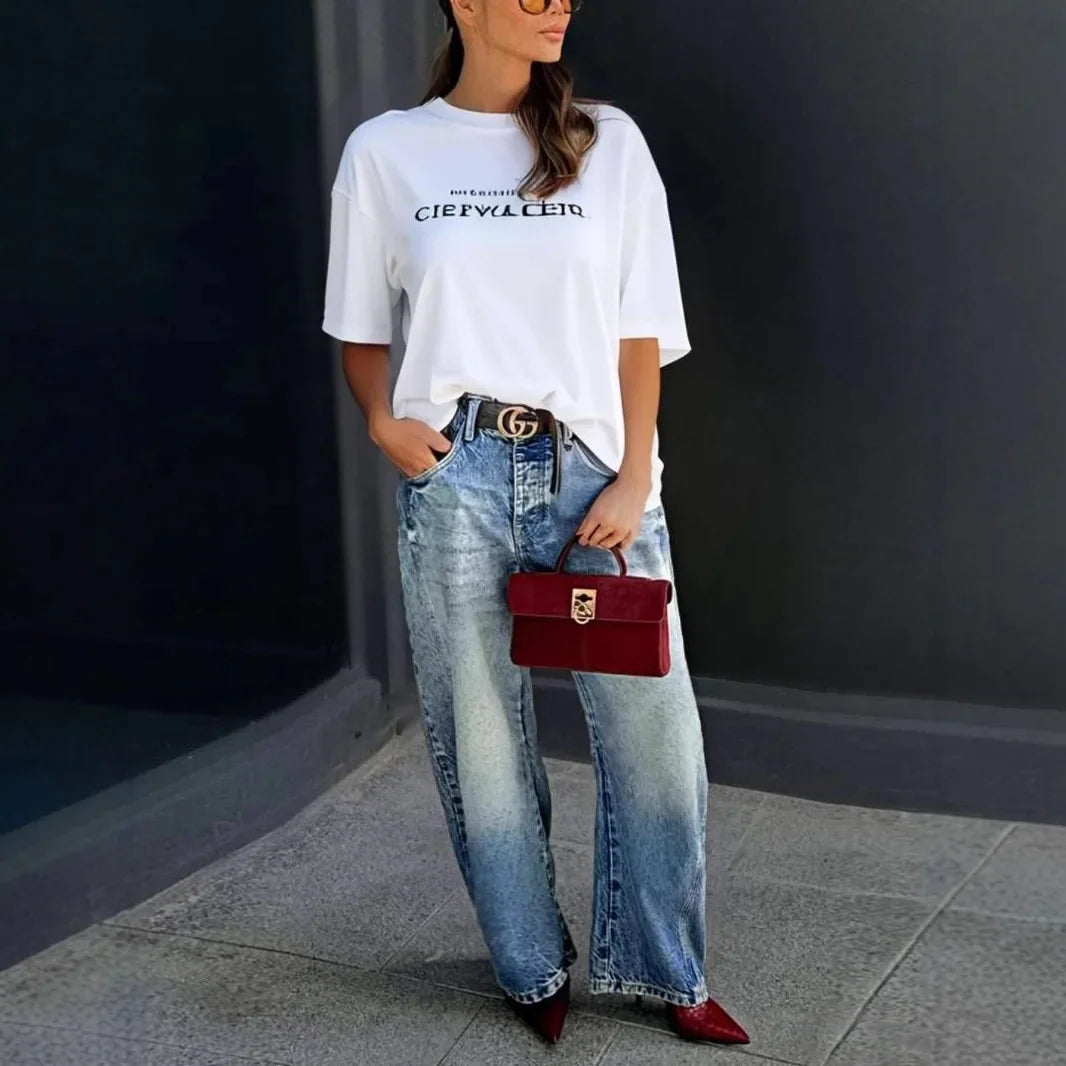 New 2025 Women's Fashionable High Waist Wide Leg Jeans – Casual Washed Denim, Elastic and Comfortable Fit