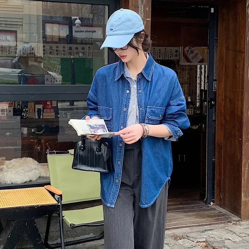 Blue Denim Shirt Jacket Women's Loose Versatile Spring Autumn – Korean Style Trendy Top