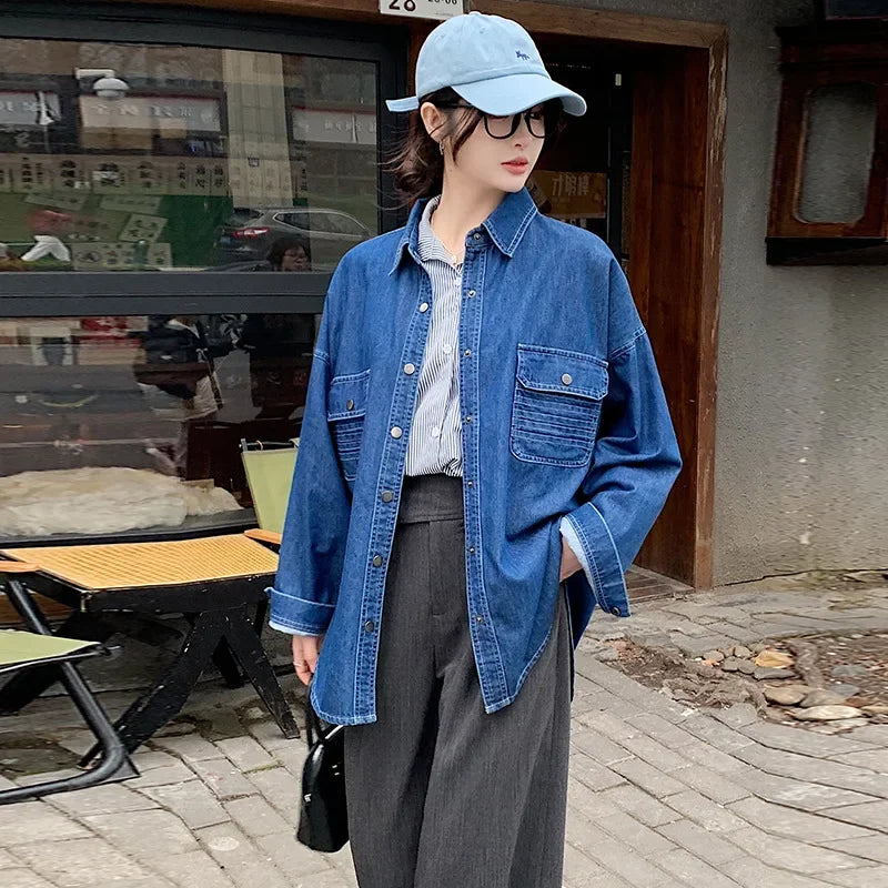 Blue Denim Shirt Jacket Women's Loose Versatile Spring Autumn – Korean Style Trendy Top