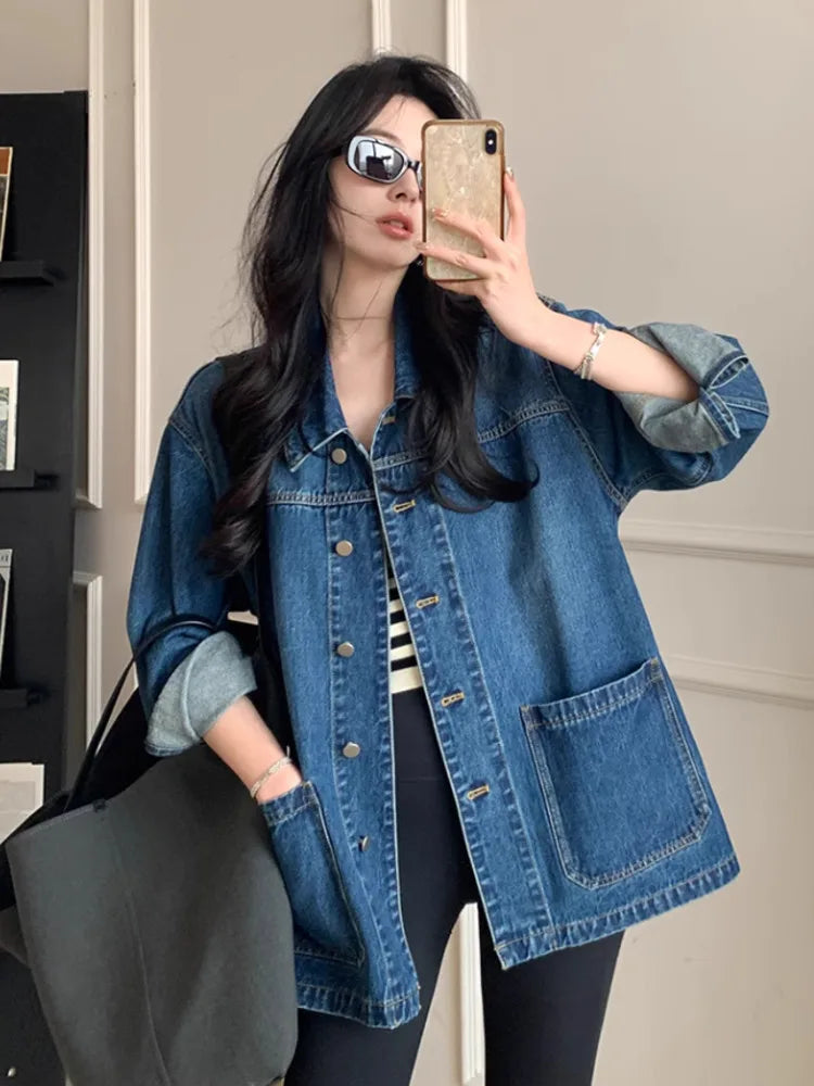 Simple Casual Loose Denim Jacket for Women – Retro Turn-Down Collar, Large Pockets, Long Sleeve Chic Coat