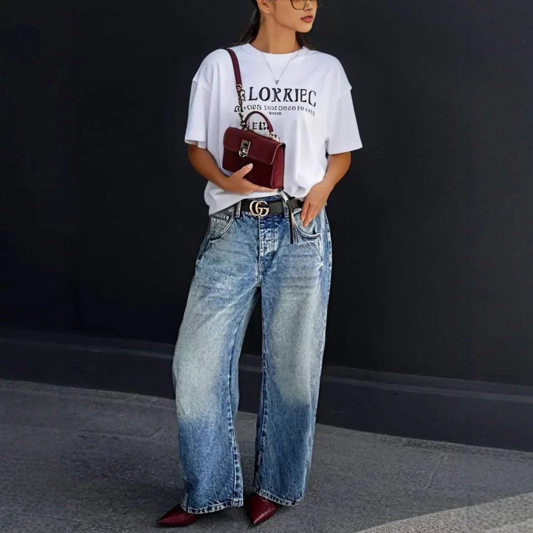 New 2025 Women's Fashionable High Waist Wide Leg Jeans – Casual Washed Denim, Elastic and Comfortable Fit