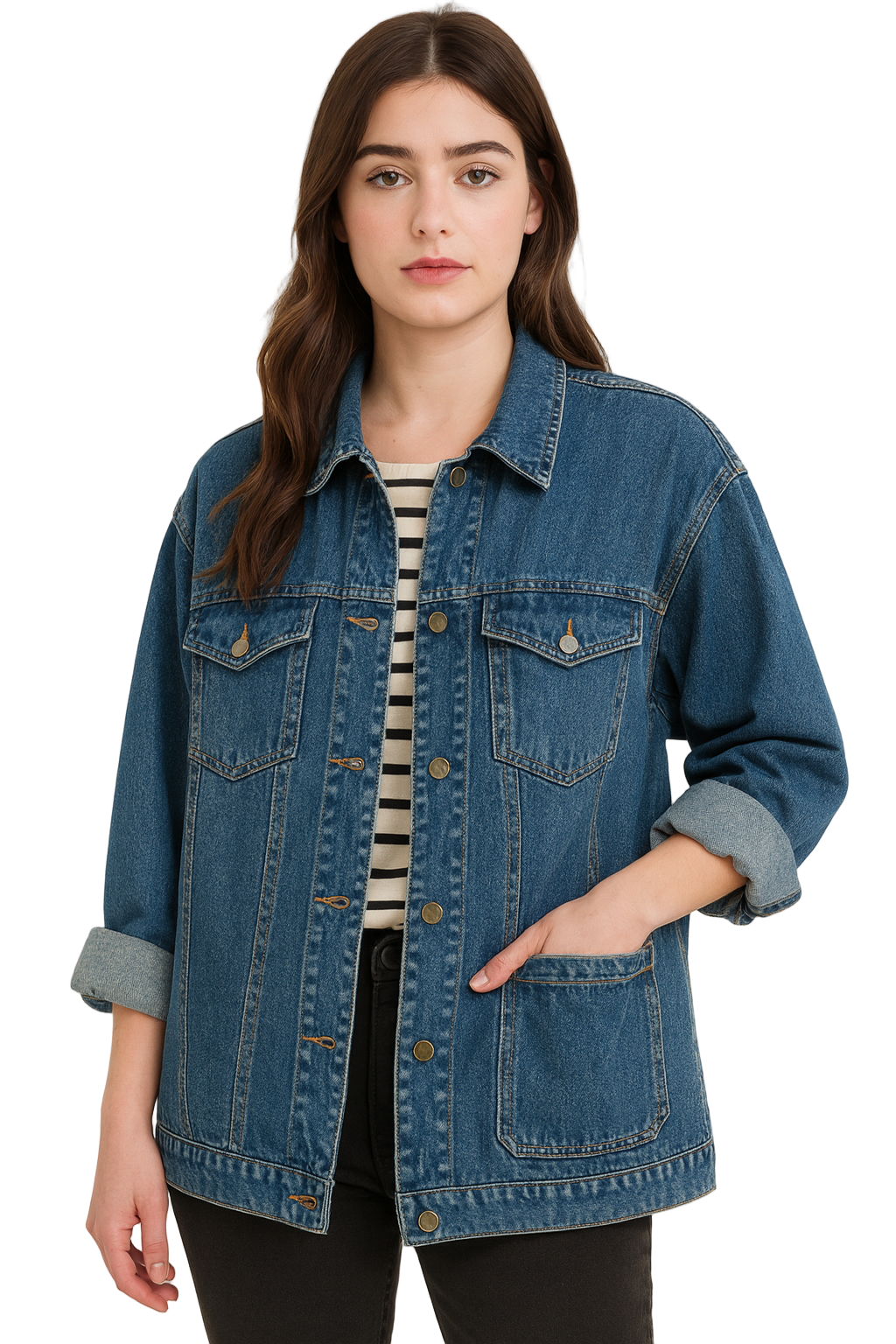 Simple Casual Loose Denim Jacket for Women – Retro Turn-Down Collar, Large Pockets, Long Sleeve Chic Coat