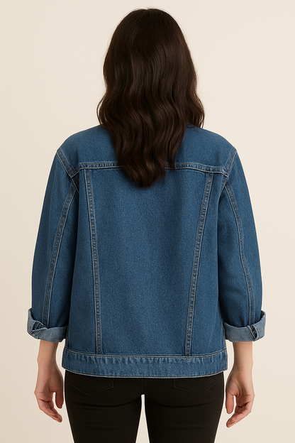 Simple Casual Loose Denim Jacket for Women – Retro Turn-Down Collar, Large Pockets, Long Sleeve Chic Coat
