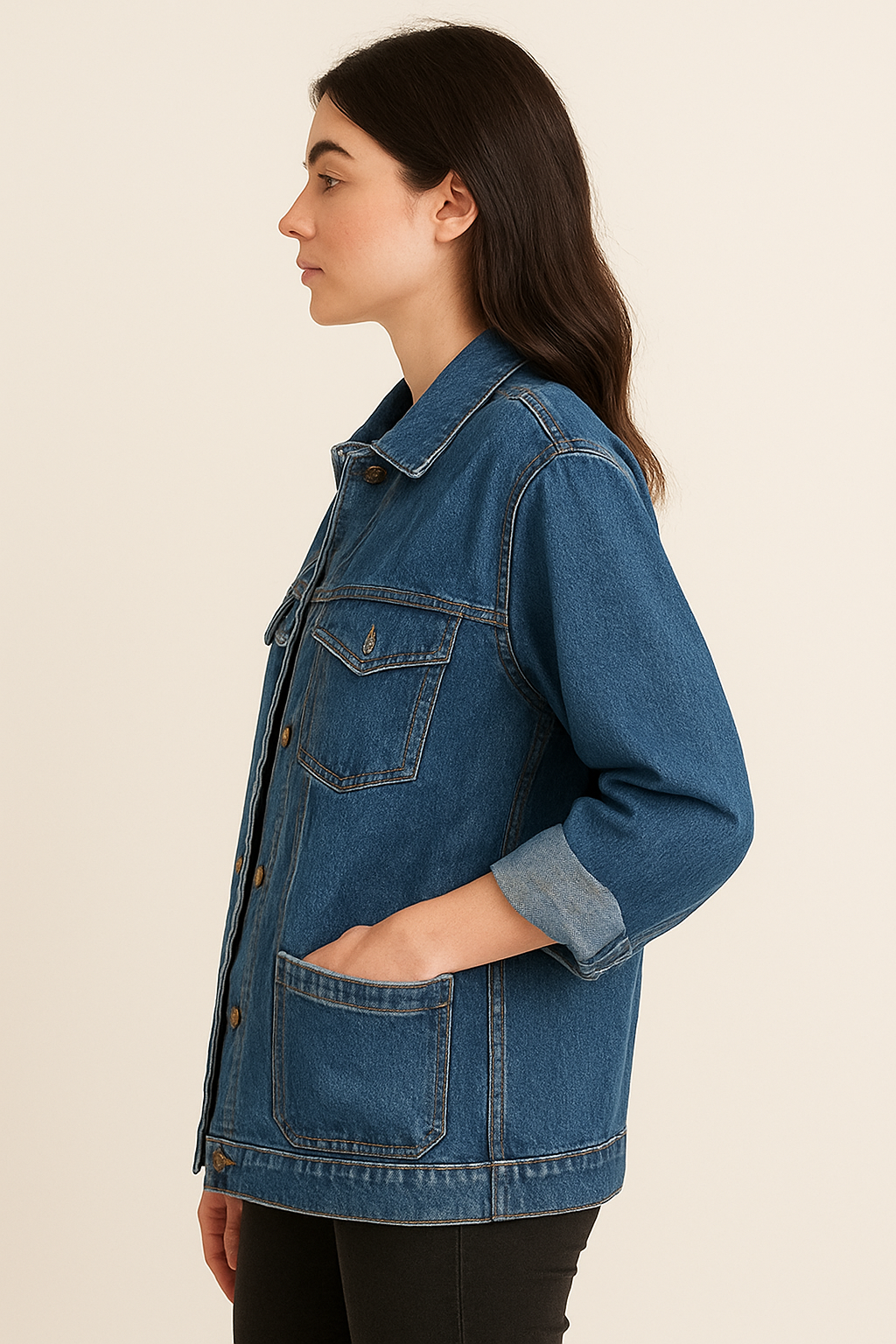 Simple Casual Loose Denim Jacket for Women – Retro Turn-Down Collar, Large Pockets, Long Sleeve Chic Coat