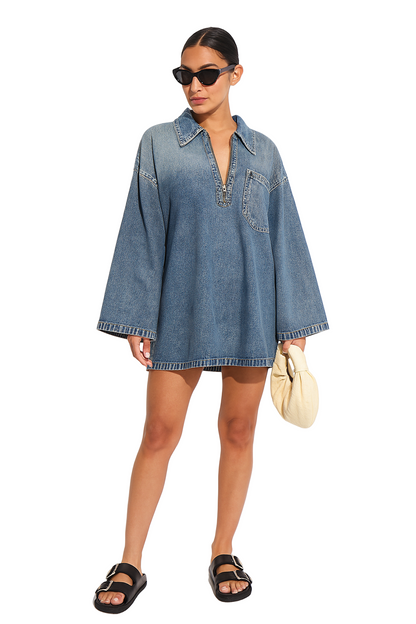 Vintage Denim Dress for Women – Casual Loose Long Sleeve Zipper Dress with Pockets