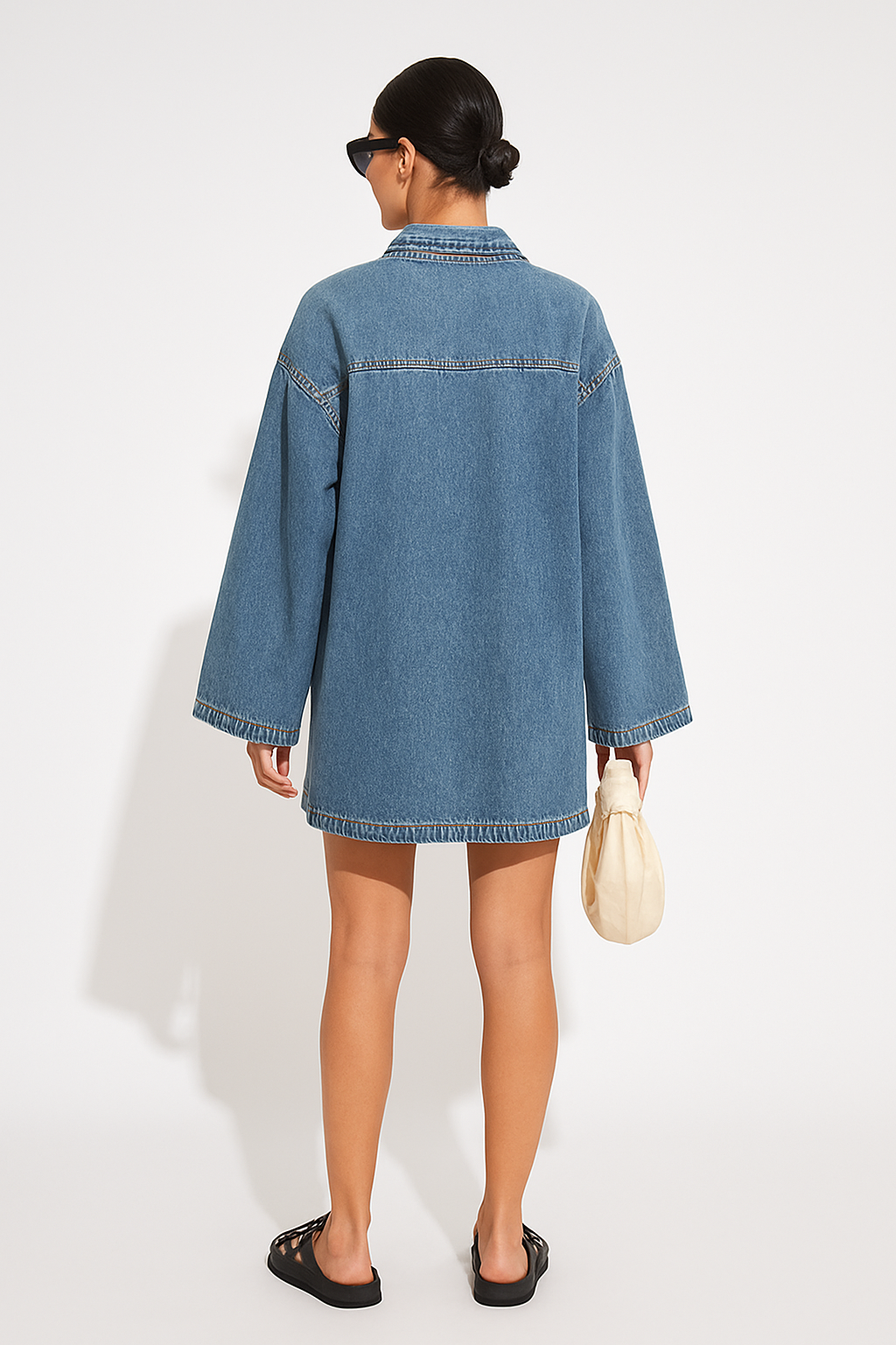 Vintage Denim Dress for Women – Casual Loose Long Sleeve Zipper Dress with Pockets