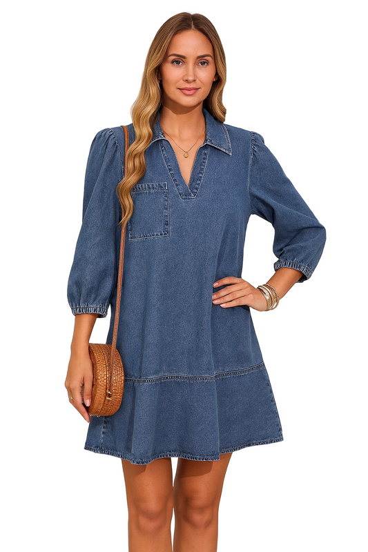 Women Casual Denim Layered Dress Pullover V-Neck Puff 3/4 Sleeve – Loose Fit Daily Comfort Dress