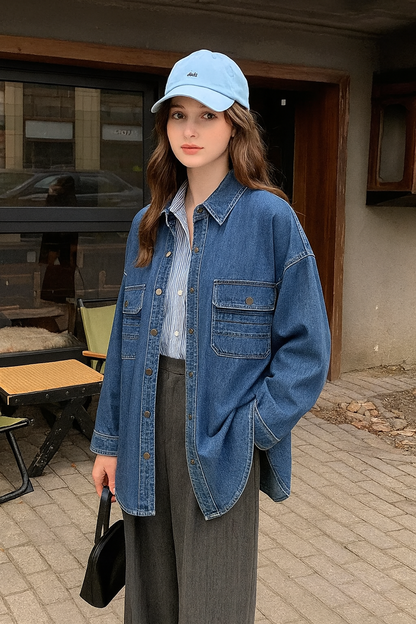 Blue Denim Shirt Jacket Women's Loose Versatile Spring Autumn – Korean Style Trendy Top