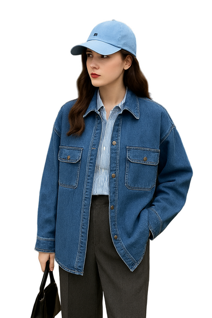 Blue Denim Shirt Jacket Women's Loose Versatile Spring Autumn – Korean Style Trendy Top