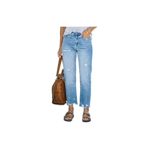 Viva Sleek 2025 Women’s Straight Leg Jeans with Hole Details and Button Decoration – Trendy Casual Denim Pants