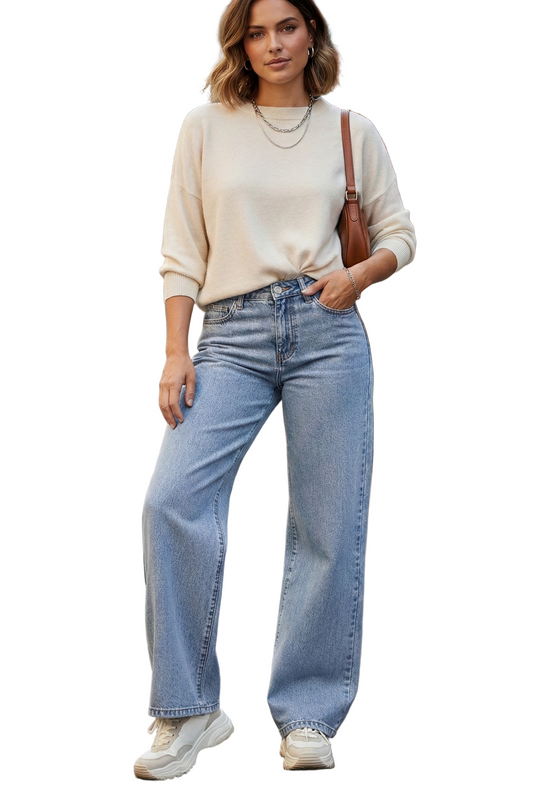 Viva Sleek Women's Wide-Leg Denim Pants with Back Pocket Bow – Stylish & Versatile
