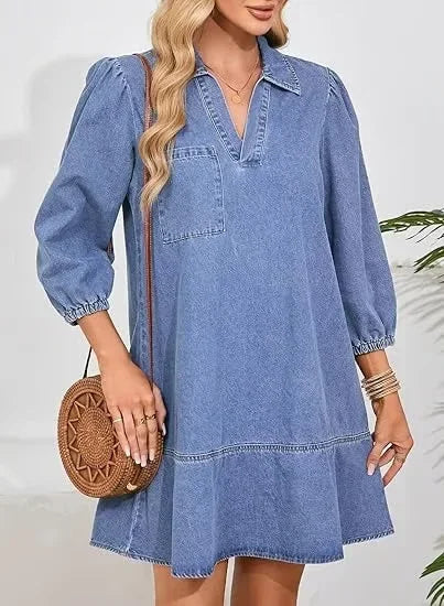 Women Casual Denim Layered Dress Pullover V-Neck Puff 3/4 Sleeve – Loose Fit Daily Comfort Dress