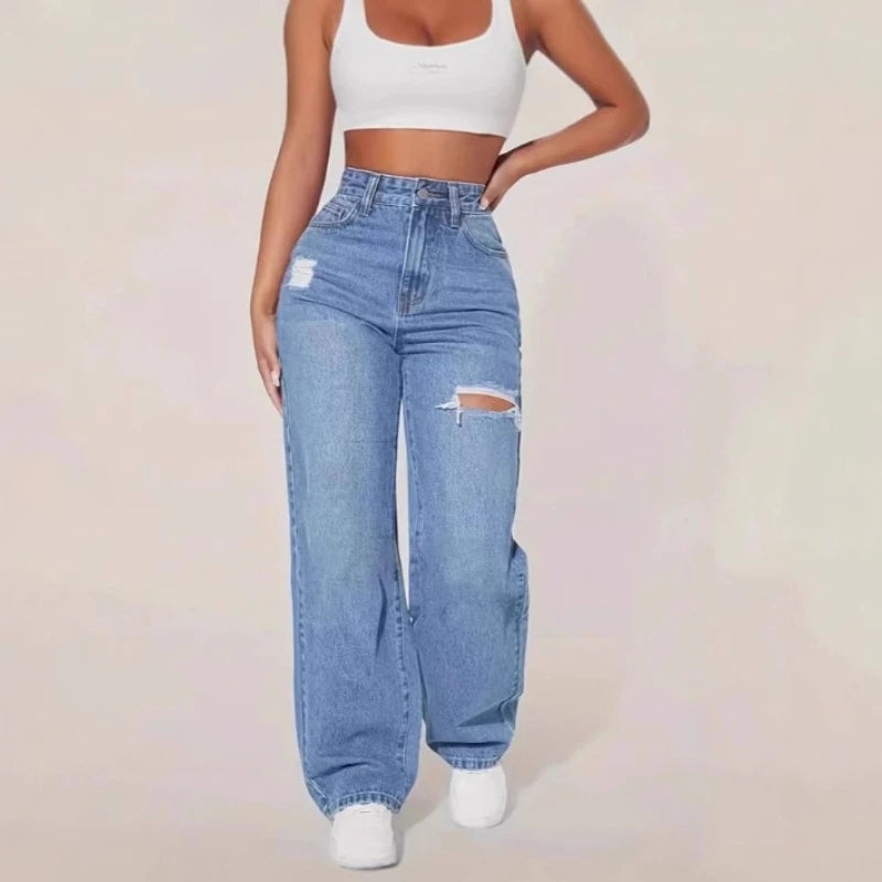 Mom Jeans Women Denim Pants – High Waist Wide Leg Straight Trousers with Hole Splice Design, Y2K Streetwear Casual 2025 Fashion