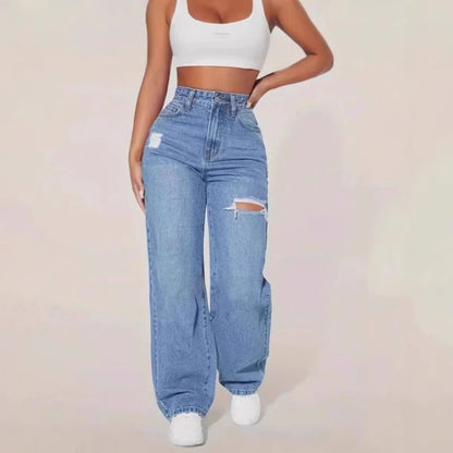 Mom Jeans Women Denim Pants – High Waist Wide Leg Straight Trousers with Hole Splice Design, Y2K Streetwear Casual 2025 Fashion