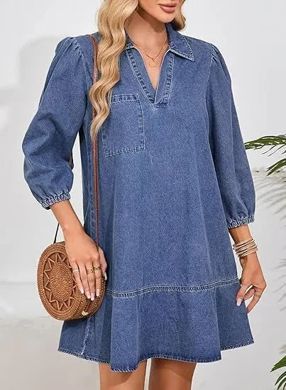 Women Casual Denim Layered Dress Pullover V-Neck Puff 3/4 Sleeve – Loose Fit Daily Comfort Dress