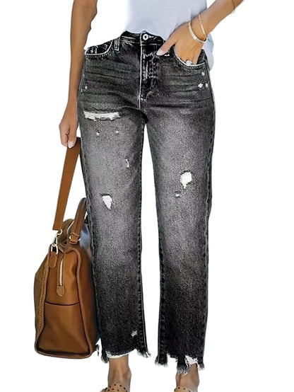 Women’s Straight Leg Jeans with Hole Details and Button Decoration – Trendy Casual Denim Pants