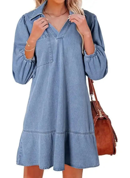 Women Casual Denim Layered Dress Pullover V-Neck Puff 3/4 Sleeve – Loose Fit Daily Comfort Dress