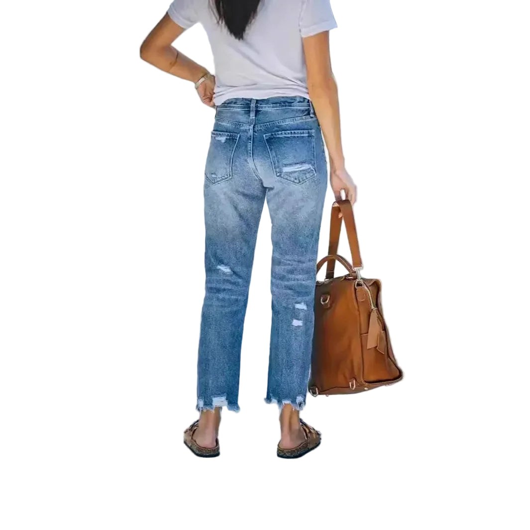 Viva Sleek 2025 Women’s Straight Leg Jeans with Hole Details and Button Decoration – Trendy Casual Denim Pants