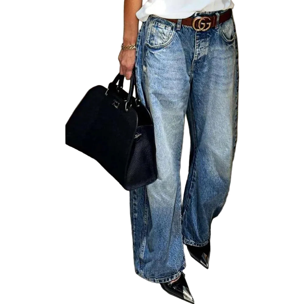 New 2025 Women's Fashionable High Waist Wide Leg Jeans – Casual Washed Denim, Elastic and Comfortable Fit