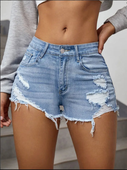 Ripped Raw Denim Shorts For Women Low Waist A-Line Hem Summer Streetwear Hot Pants Blue Skinny Fit