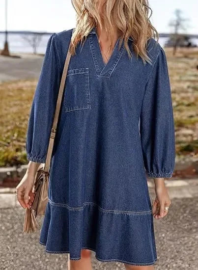 Women Casual Denim Layered Dress Pullover V-Neck Puff 3/4 Sleeve – Loose Fit Daily Comfort Dress