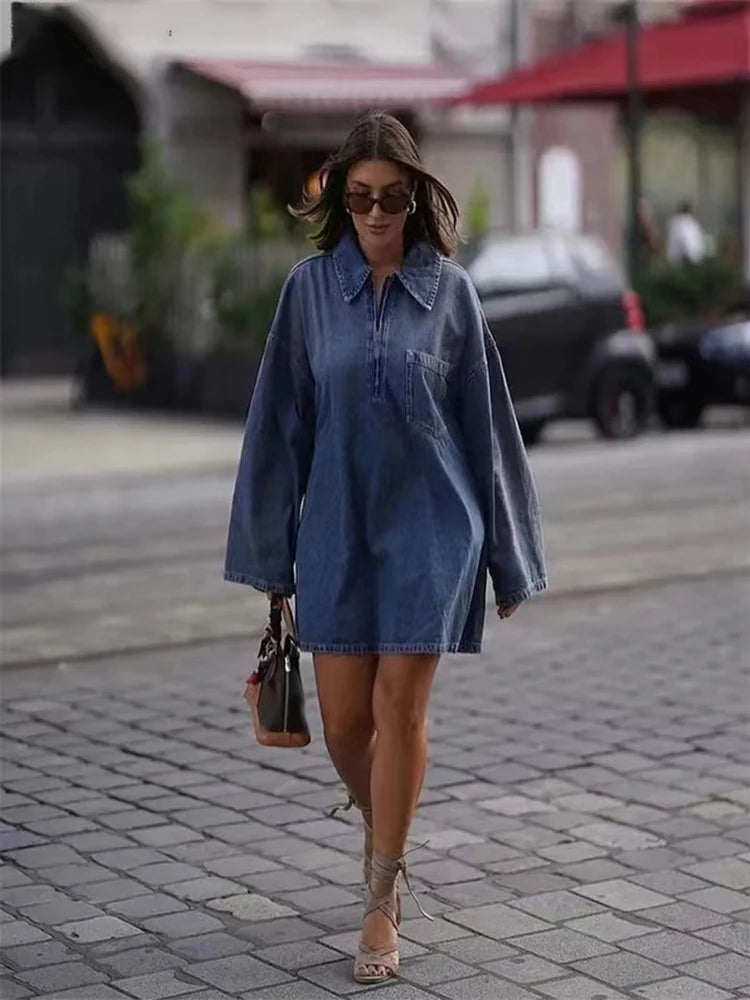 Viva Sleek 2024 New Denim Dress for Women Vintage Streetwear Femme Loose Casual Dress with Turn-Down Collar, Zipper, Long Sleeves and Pockets