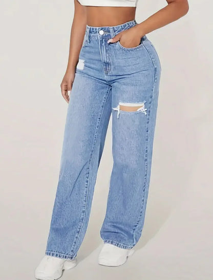 Mom Jeans Women Denim Pants – High Waist Wide Leg Straight Trousers with Hole Splice Design, Y2K Streetwear Casual 2025 Fashion