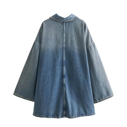 Vintage Denim Dress for Women – Casual Loose Long Sleeve Zipper Dress with Pockets