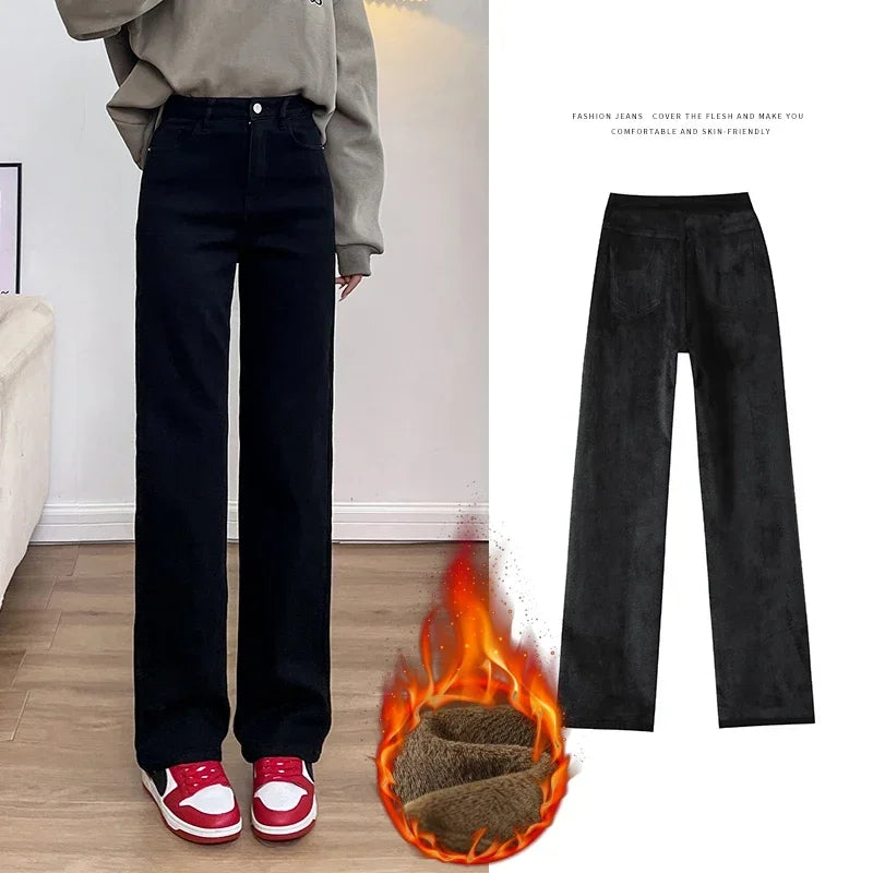 Winter Thickened Women’s Mink Velvet Jeans – Warm Soft Fleece Lined High Waist Loose Straight Pants for Women