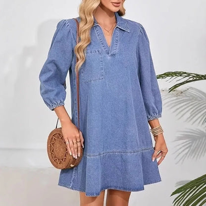 Women Casual Denim Layered Dress Pullover V-Neck Puff 3/4 Sleeve – Loose Fit Daily Comfort Dress