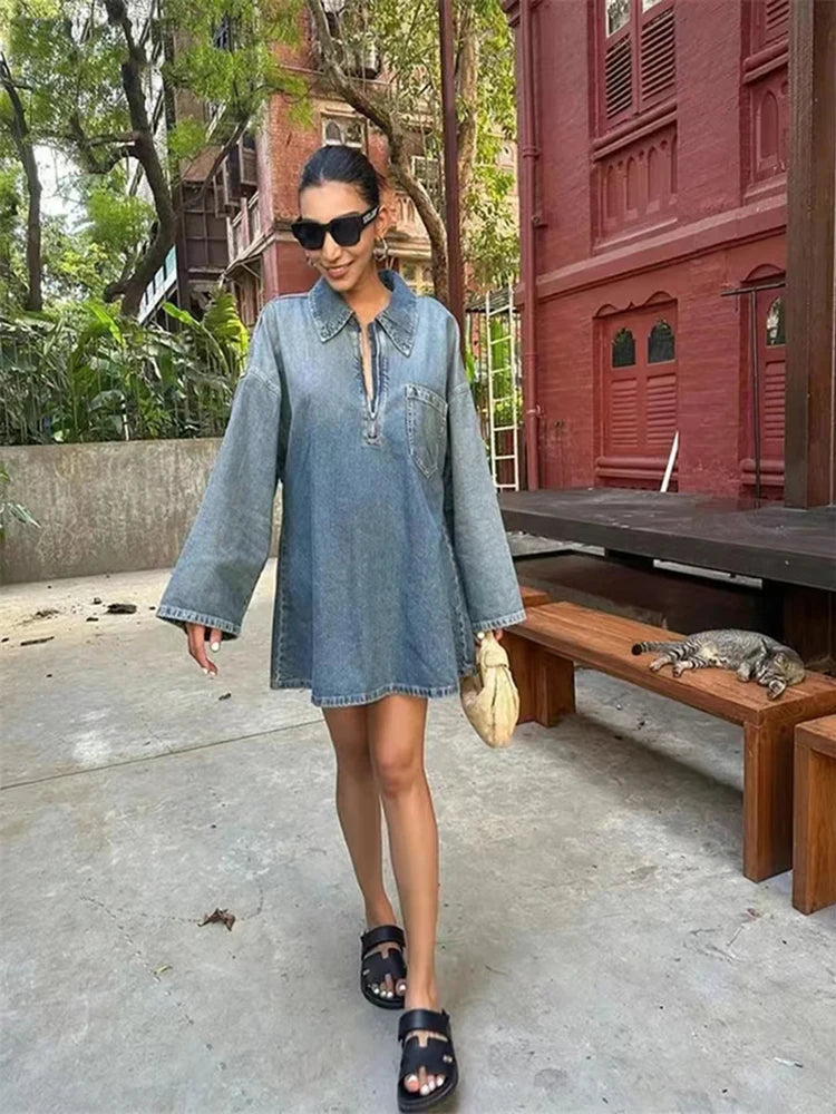 Viva Sleek 2024 New Denim Dress for Women Vintage Streetwear Femme Loose Casual Dress with Turn-Down Collar, Zipper, Long Sleeves and Pockets
