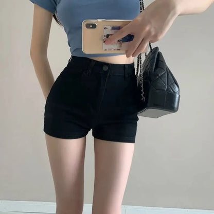 Ripped Raw Denim Shorts For Women Low Waist A-Line Hem Summer Streetwear Hot Pants Blue Skinny Fit